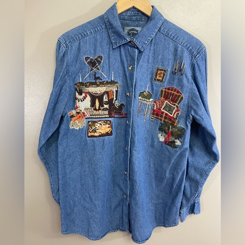 Cambridge Dry Goods Company Large Christmas Dog Fireplace Button Up Denim